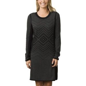 Prana Delia Wool Long Sleeve Geometric Print Sweater Dress Black Gray Medium